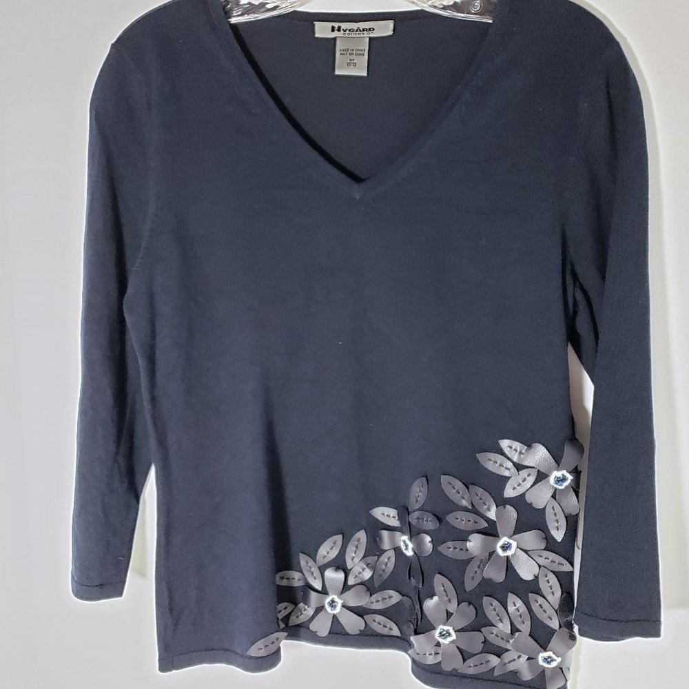 Nygard Black Knit Top Faux Leather Flowers, Medium